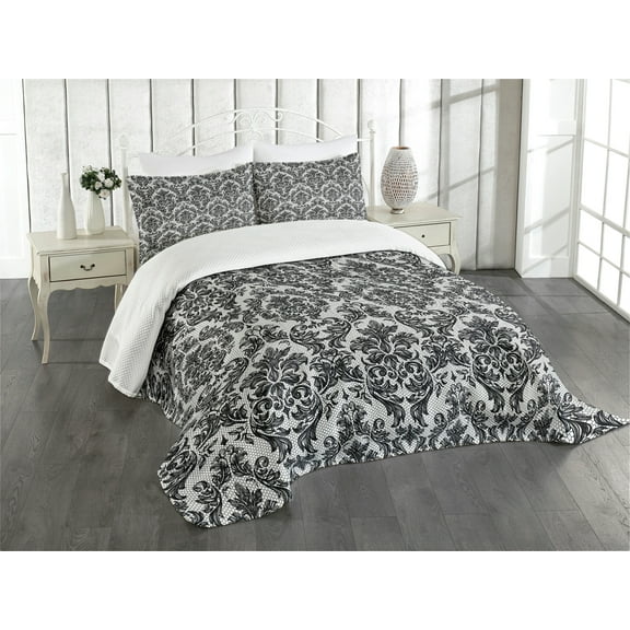 Ambesonne Baroque Quilted Bedspread Set 3 Pcs, Vintage Lace Style, Queen Size, Black and White