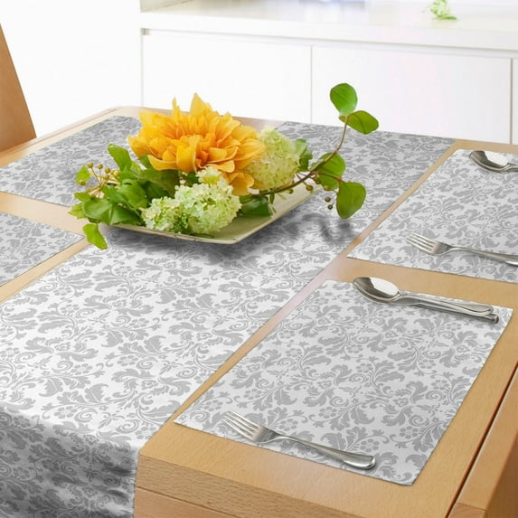 Ambesonne Baroque Table Runner & Placemats, Flower Bouquet Motifs Art, Placemat 4 pcs + Runner 14"x90", White and Pale Grey