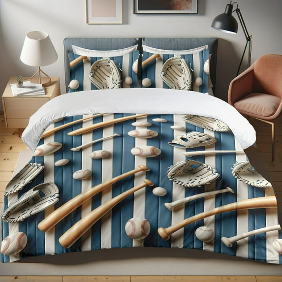 Ambesonne Baseball Duvet Cover Set, Print of Ballbats Gloves, Twin, Pale Camel Sea Blue Ivory