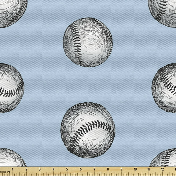 Ambesonne Baseball Fabric by the Yard Upholstery, Sketchy Balls Drawings, 3 Yards, Pale Sky Blue and Grey