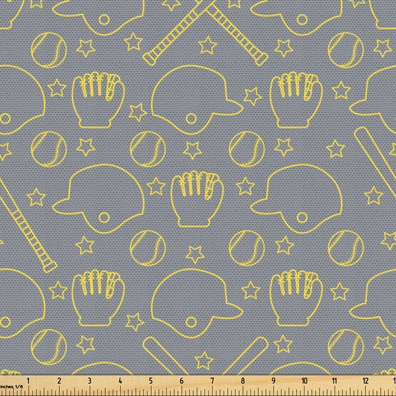 Ambesonne Baseball Fabric by the Yard Upholstery, Stars Balls Bats Sports, 5 Yards, Mustard and Pale Slate Blue