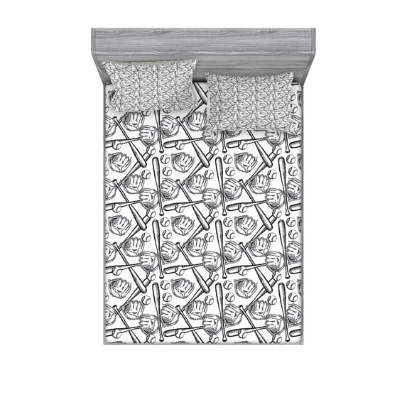 Ambesonne Baseball Fitted Sheet & Pillow Sham Set, Sketch Style Glove Bat, Queen, Black White
