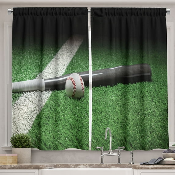 Ambesonne Baseball Kitchen Curtains, Bat and Ball on Field View, 55"x30", Olive Green and Dark Grey