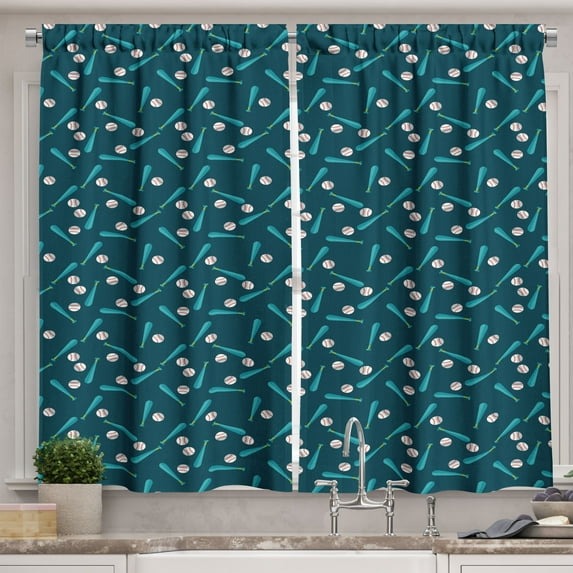 Ambesonne Baseball Kitchen Curtains, Bats and Balls Activity, 55"x45", Petrol Blue Vermilion