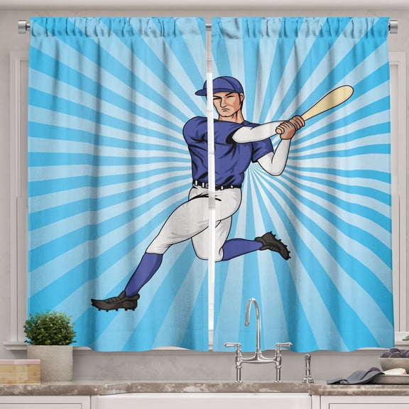 Ambesonne Baseball Kitchen Curtains, Sports Pop Art Athlete, 55"x30", Pale Sky Blue and Dark Salmon
