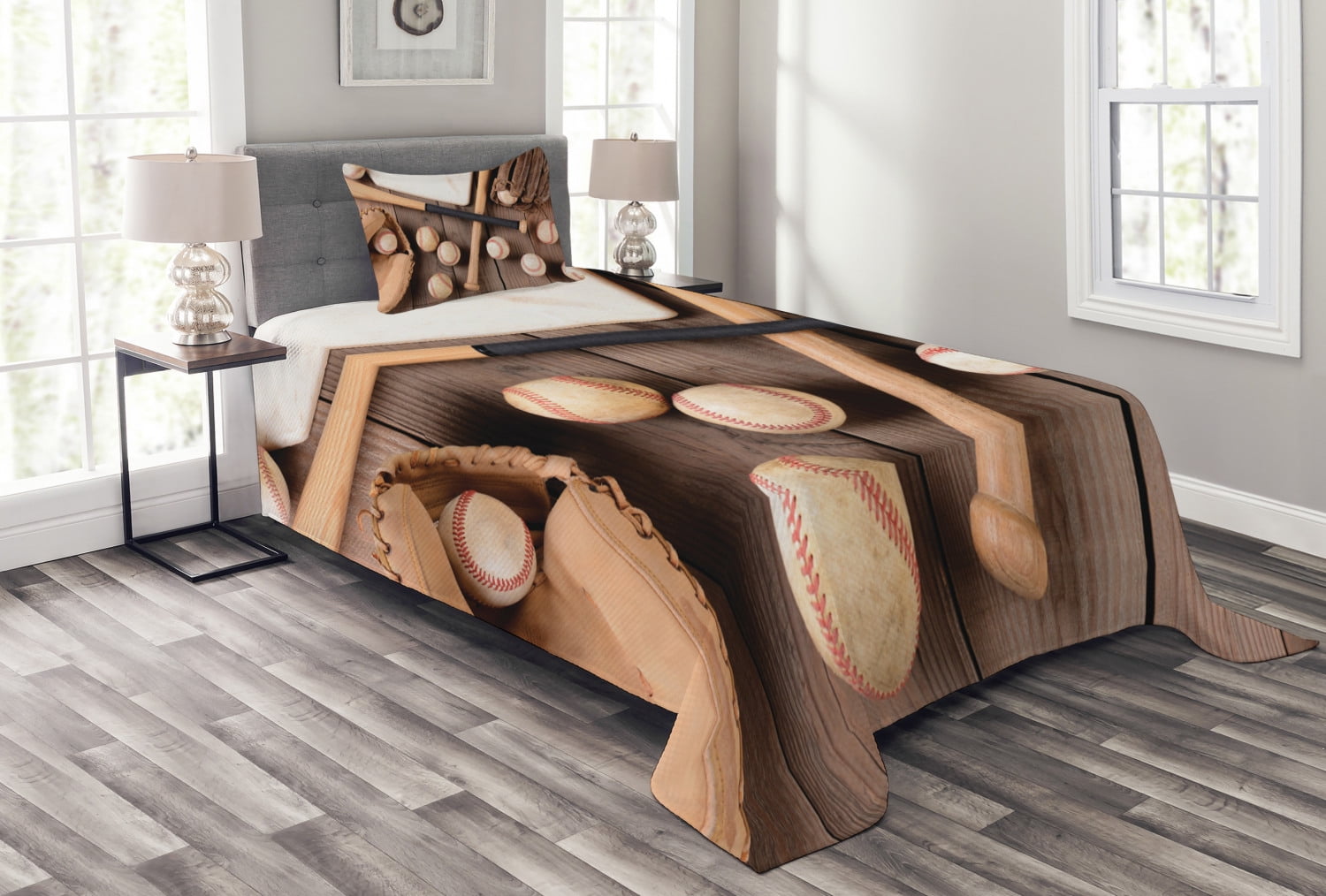 Twin Brown Quilted Baseball Bedspread Set with Sham