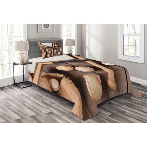 Ambesonne Baseball Quilted Coverlet 2 Pcs, Rustic Style Sports Themed, Twin Size, Brown and Pale Brown