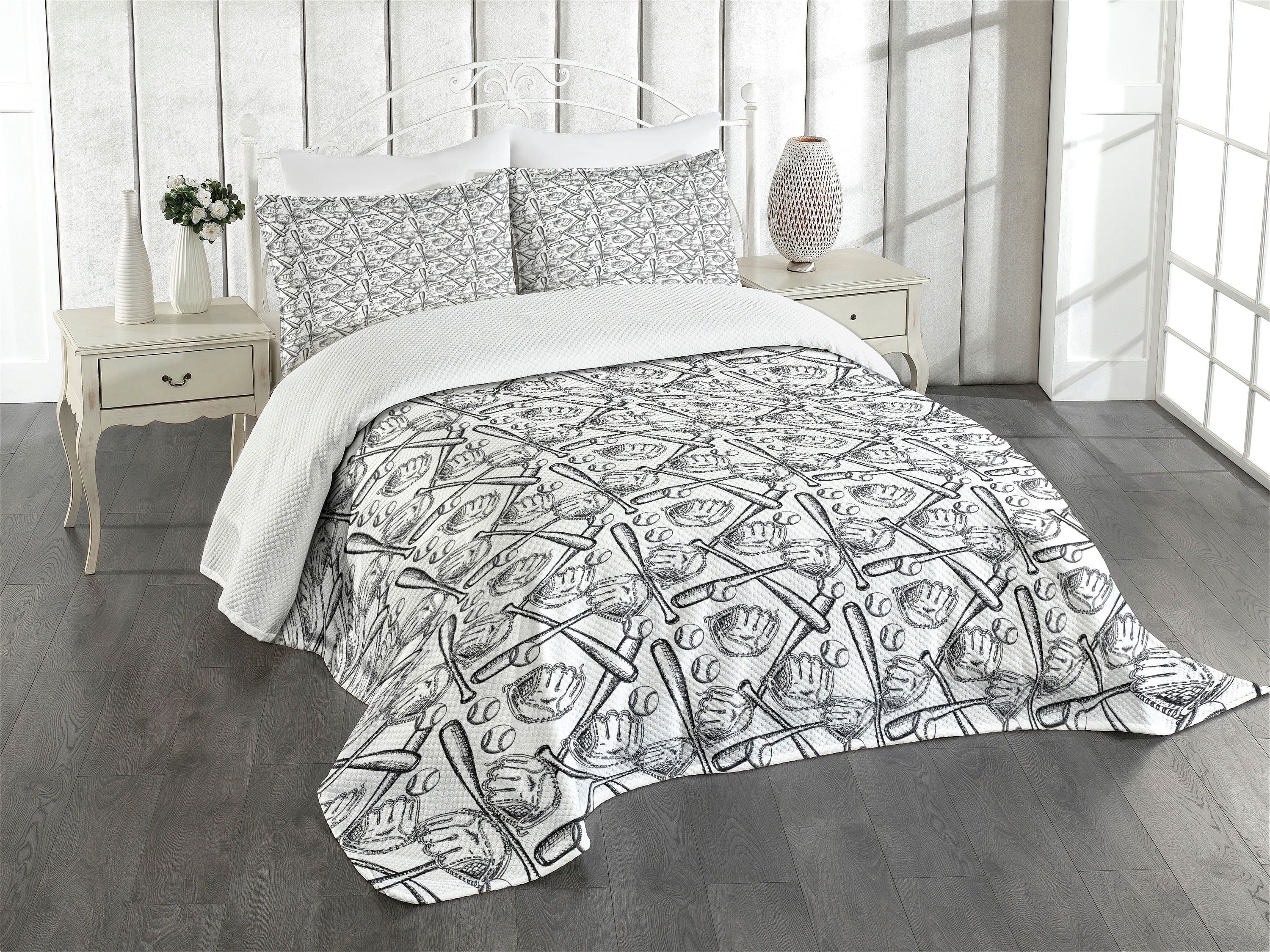 Twin White Quilted Baseball Bedspread Set with Pillow Sham