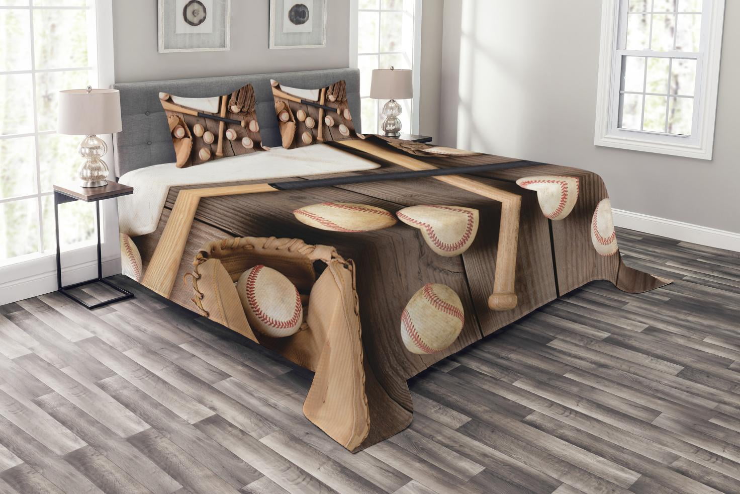 King Brown Quilted Baseball Bedspread Set with Shams