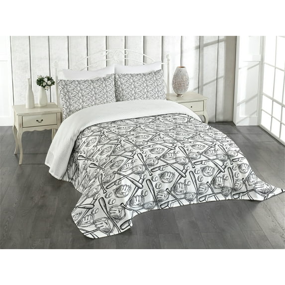 Ambesonne Baseball Quilted Bedspread Set 3 Pcs, Sketch Style Glove Bat, Queen Size, Black White