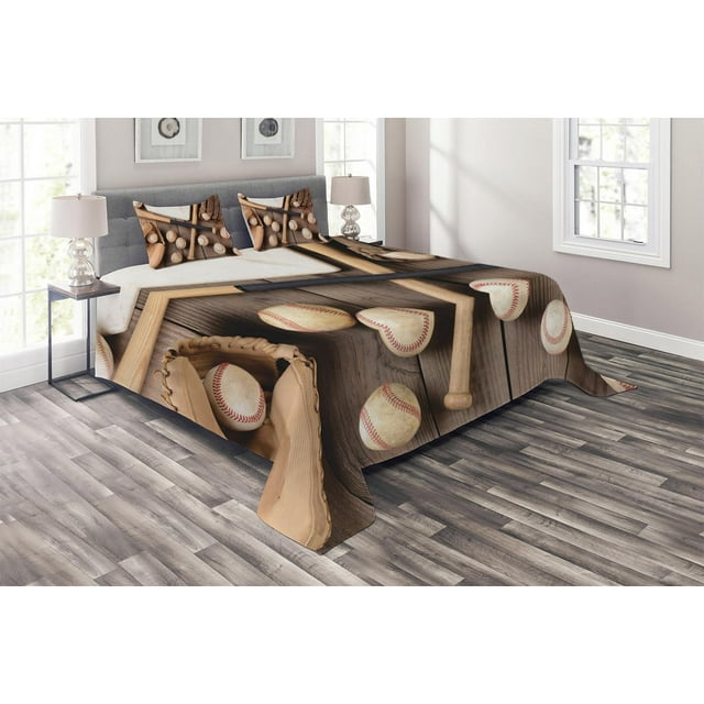 Ambesonne Baseball Quilted Coverlet 3 Pcs, Rustic Style Sports Themed, Queen Size, Brown and Pale Brown