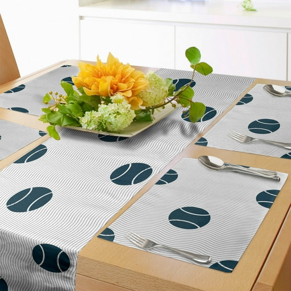 Ambesonne Baseball Table Runner & Placemats, Vertical Softball Motifs, Placemat 4 pcs + Runner 12"x90", Dark Petrol Blue White