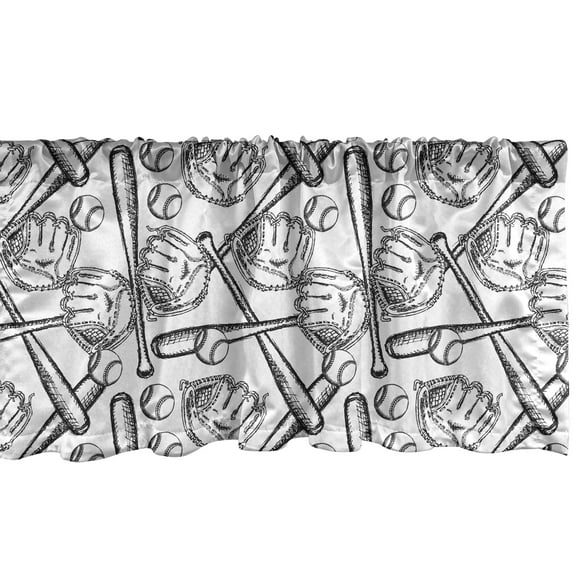 Ambesonne Baseball Window Valance, Sketch Style Glove Bat, 54" X 18", Black White