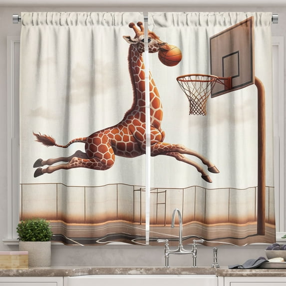 Ambesonne Basketball Kitchen Curtains, Humor Funny Giraffe Dunk, 55"x39", Cinnamon Off White Green