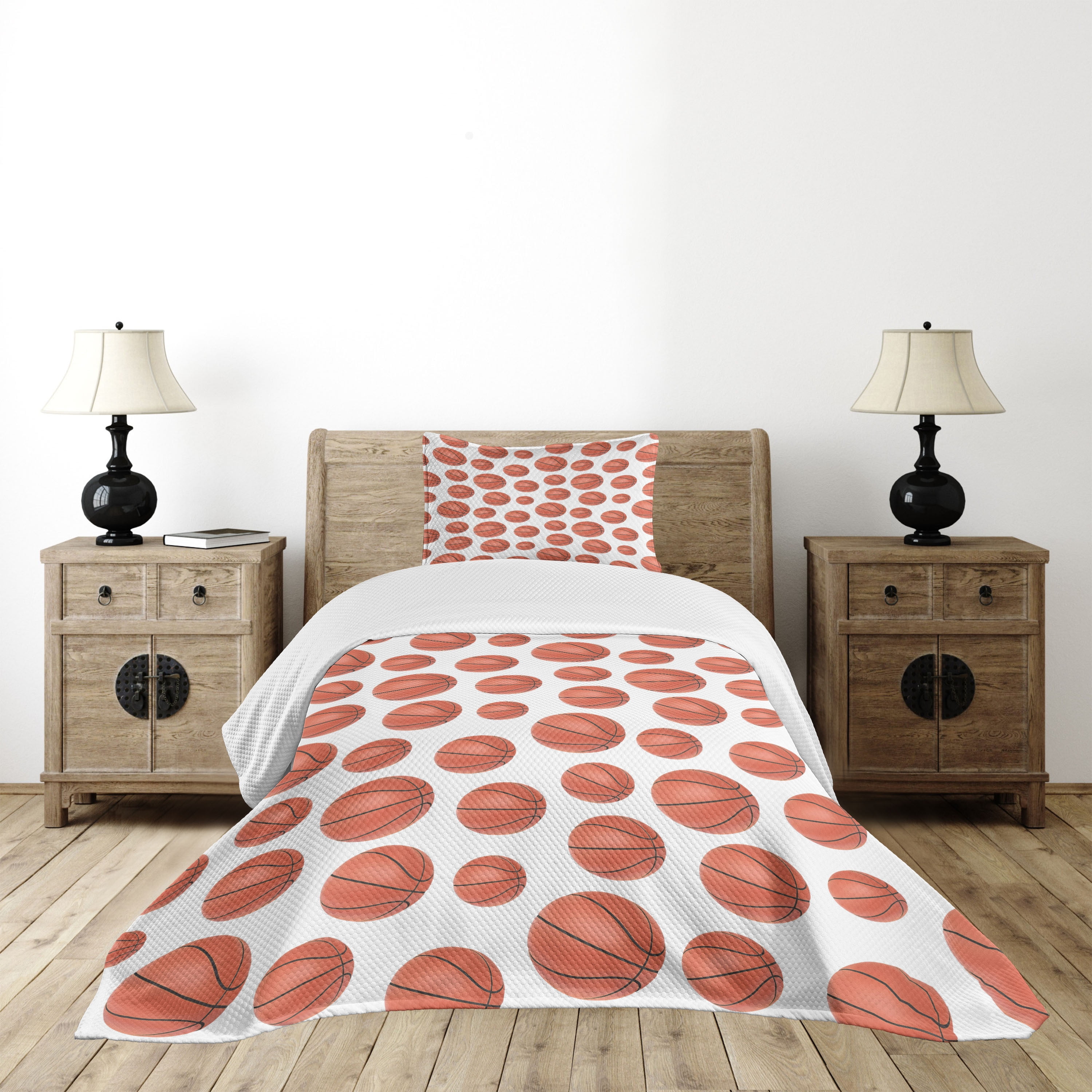 Twin White Quilted Basketball Bedspread Set with Pillow Sham