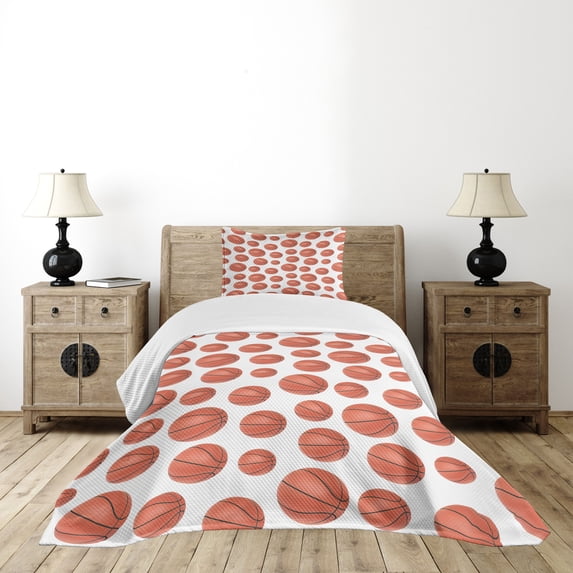 Ambesonne Basketball Quilted Bedspread Set 2 Pcs, Realistic Style Ball, Twin Size, Pale Cinnamon White