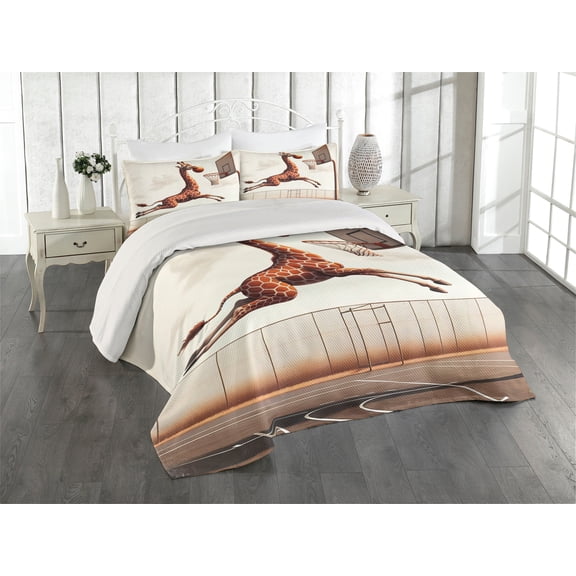 Ambesonne Basketball Quilted Coverlet 3 Pcs, Humor Funny Giraffe Dunk, Queen Size, Cinnamon Off White Green
