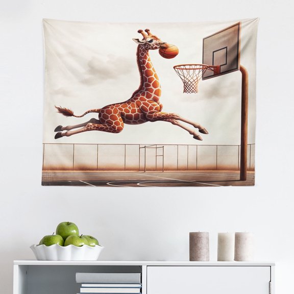 Ambesonne Basketball Wall Hanging Tapestry, Humor Funny Giraffe Dunk, 28"x23", Cinnamon Off White Green