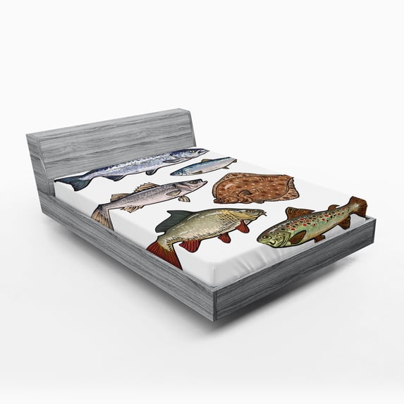 Ambesonne Bass Fitted Sheet 2 Pcs Set, Drawn Various Species of Fish, Queen, Multicolor