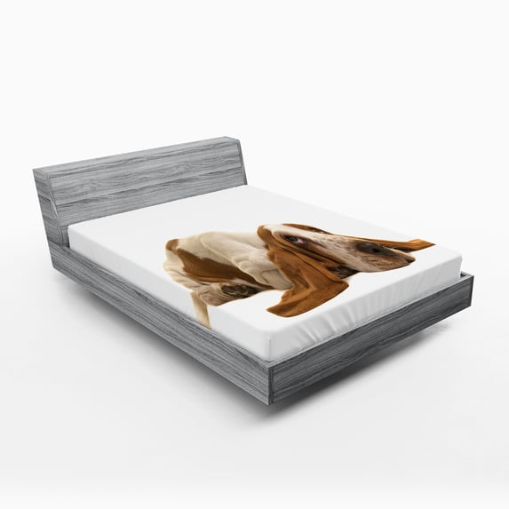 Ambesonne Basset Hound Fitted Sheet 2 Pcs Set, Long Eared Dog, Full, Caramel Mustard