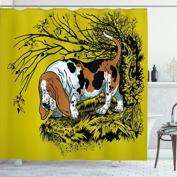 Ambesonne Basset Hound Shower Curtain, Hunting Dog Woods, 69"Wx84"L, Yellow Green Grey