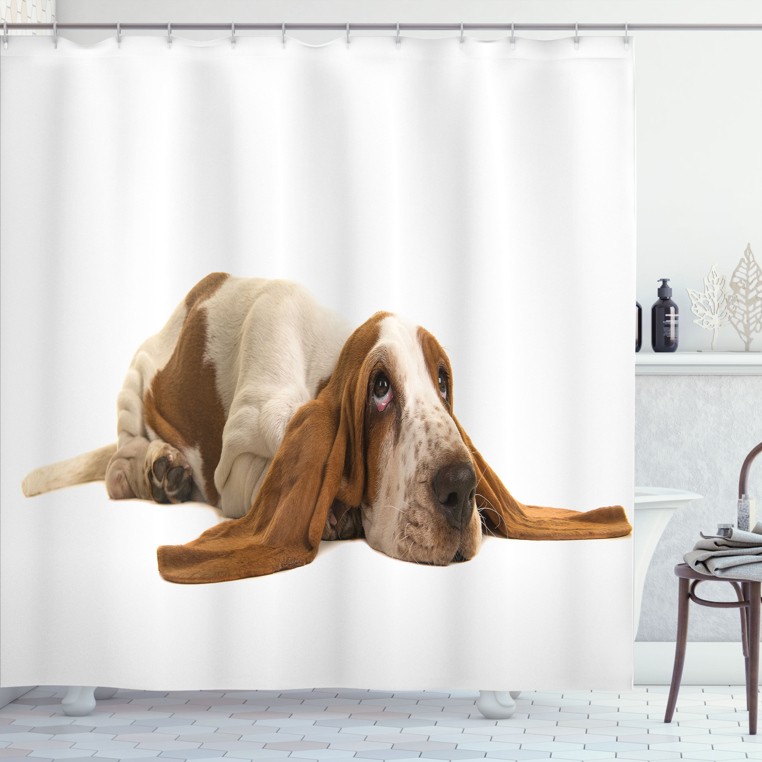 Ambesonne Basset Hound Shower Curtain, Long Eared Dog, 69"Wx75"L, Caramel Mustard