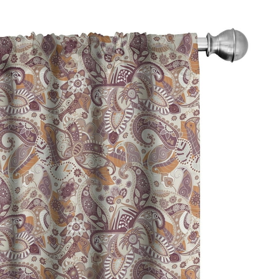 Ambesonne Batik Window Curtains, Paisley Floral Vintage Art, Each 28" W x 63" L, Dried Rose Eggshell