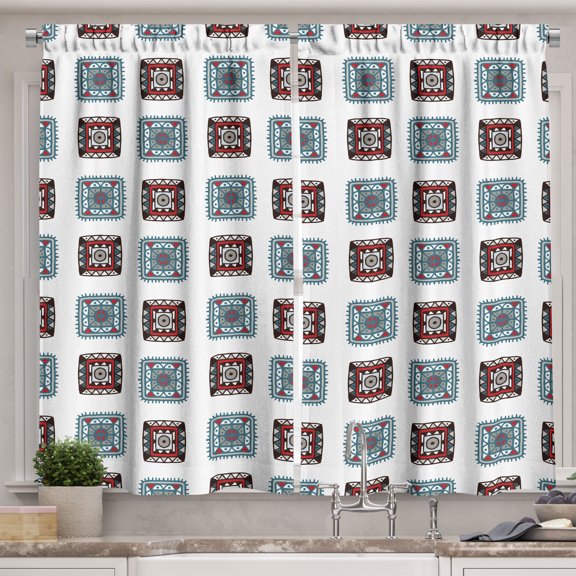Ambesonne Batik Kitchen Curtains, Aztec Ethnic Squares Minimal, 55"x45", Multicolor