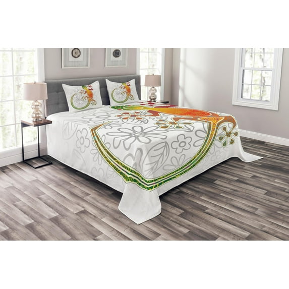 Ambesonne Batik Quilted Bedspread Set 3 Pcs, Art Frog Flowers, King Size, Multicolor