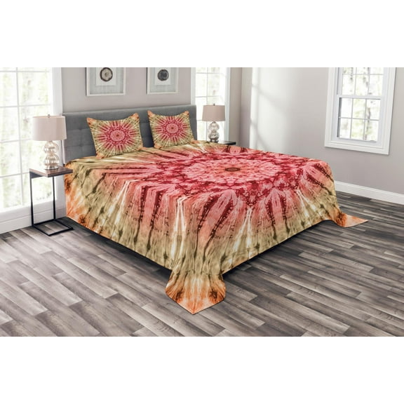 Ambesonne Batik Quilted Bedspread Set 3 Pcs, Batik Hippie Red Brown, King Size, Red Brown