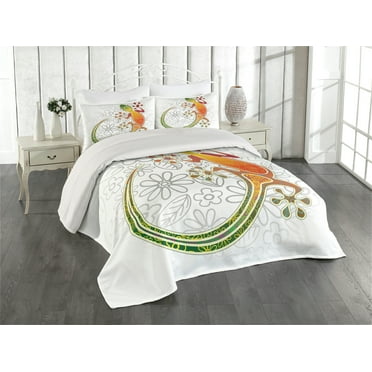 Ambesonne Batik Quilted Coverlet 3 Pcs, Art Frog Flowers, Queen Size, Multicolor
