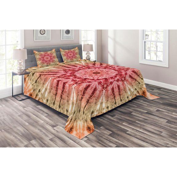 Ambesonne Batik Quilted Coverlet 3 Pcs, Batik Hippie Red Brown, Queen Size, Red Brown