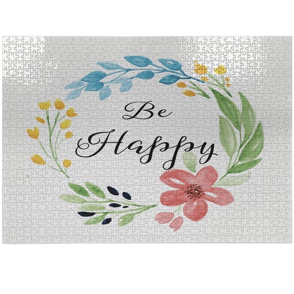 Ambesonne Be Happy Jigsaw Puzzle Durable Cardboard, Watercolor Floral Wreath, 1000 pcs, Multicolor