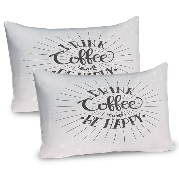 Ambesonne Be Happy Pillow Sham 2 Pack, Coffee Words Grunge Effect, 36"x20", Dark Taupe and Eggshell