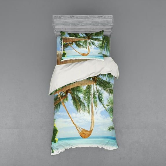 Ambesonne Beach Bedding Set 3 Pcs, Ocean Sandy Shore Palm, Twin, Green Cream Blue