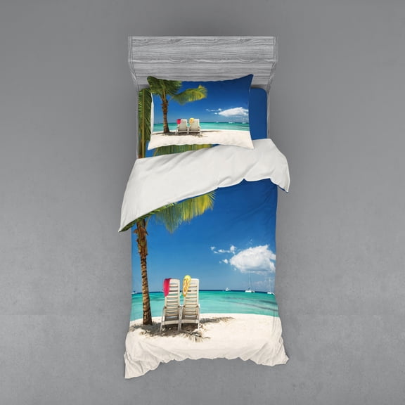 Ambesonne Beach Bedding Set 3 Pcs, Relaxing Panorama Sea, Twin, Green Blue