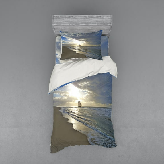 Ambesonne Beach Bedding Set 3 Pcs, Sailing Shipt Sunset, Twin, Blue Beige White