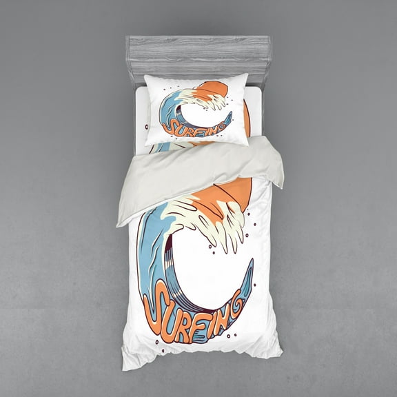 Ambesonne Beach Bedding Set 3 Pcs, Surfing Giant Ocean Wave Art, Twin XL, Peach Blue