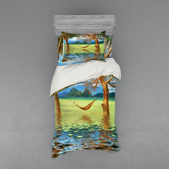 Ambesonne Beach Bedding Set 3 Pcs, Trees in Tropical Land, Twin, Multicolor