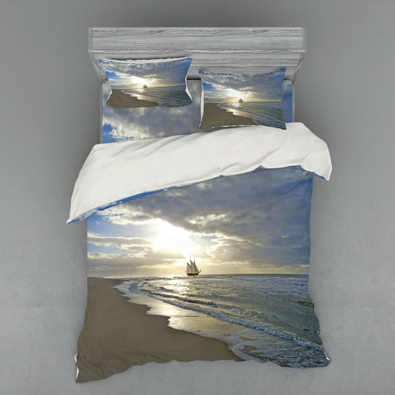 Ambesonne Beach Bedding Set 4 Pcs, Sailing Shipt Sunset, Queen, Blue Beige White