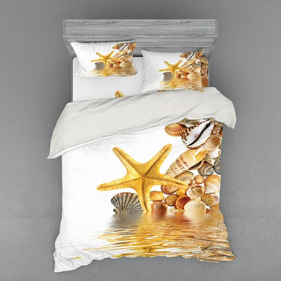 Ambesonne Beach Bedding Set 4 Pcs, Sea Shells and Starfish, Queen, Earth Yellow Cream