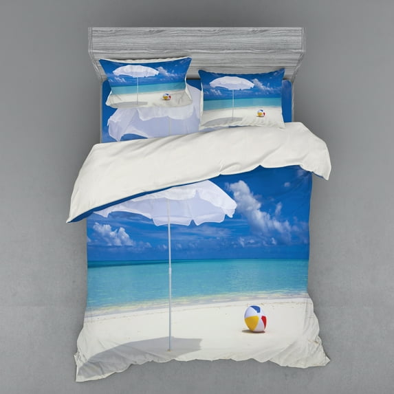 Ambesonne Beach Bedding Set 4 Pcs, Summer Season Vibes Sea, Queen, White Cream Blue