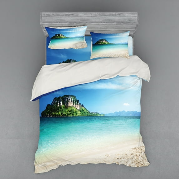 Ambesonne Beach Bedding Set 4 Pcs, Tropic Island Scenery, Queen, Blue Cream Green