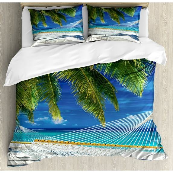 Ambesonne Beach Duvet Cover Set, Sandy Palm Coconut Sea, 2-Calking, Cream Navy Green