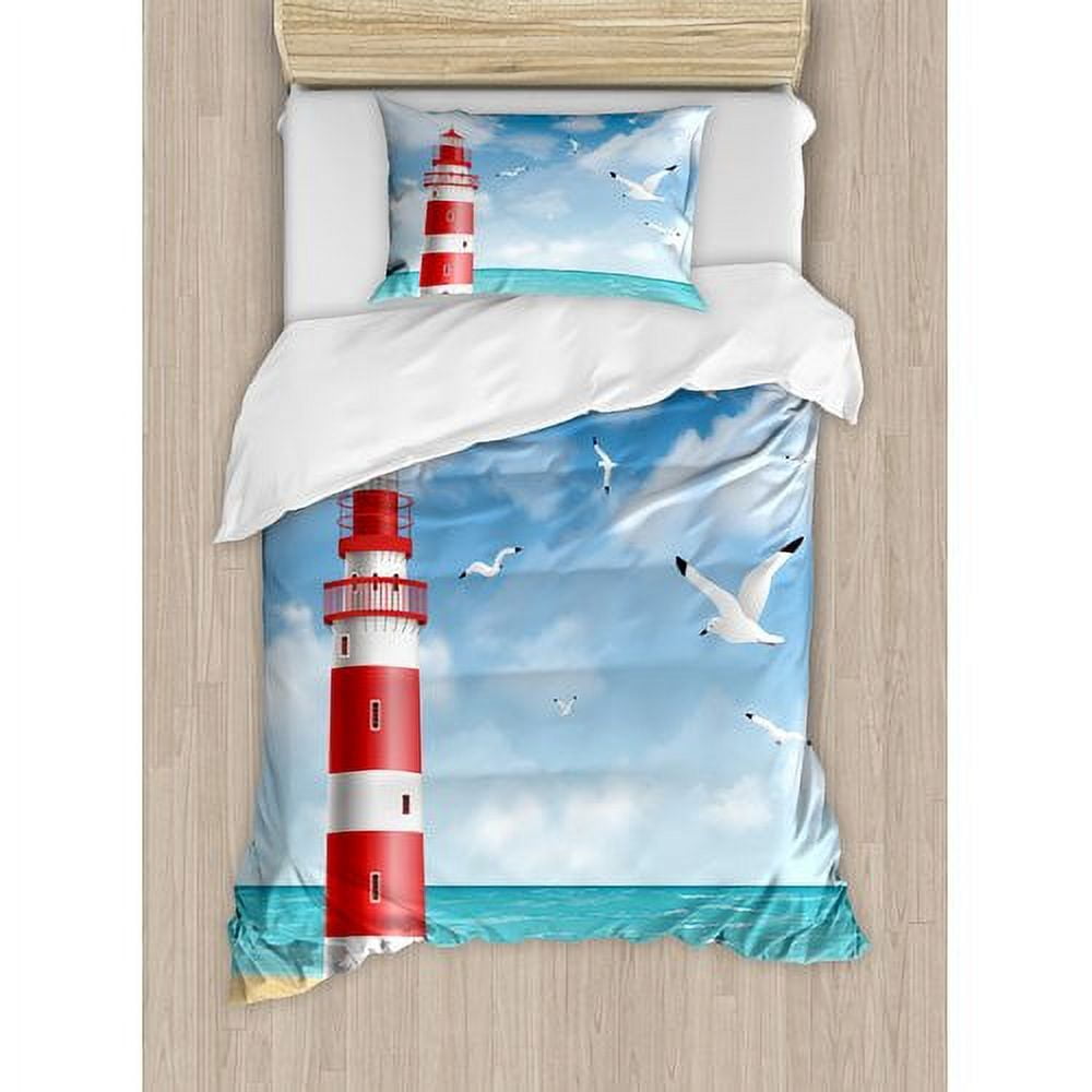 Twin Blue and Red Coastal Lighthouse Duvet Cover Set
