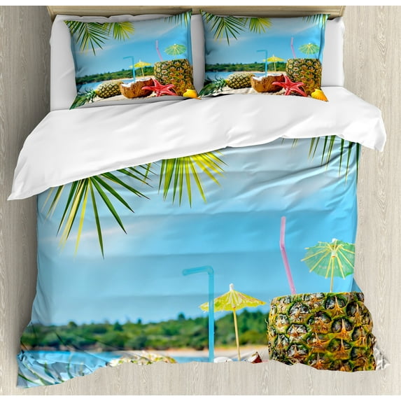 Ambesonne Beach Duvet Cover Sets, Coconut Pineapple Summer, 2-Queen, Blue Green Brown