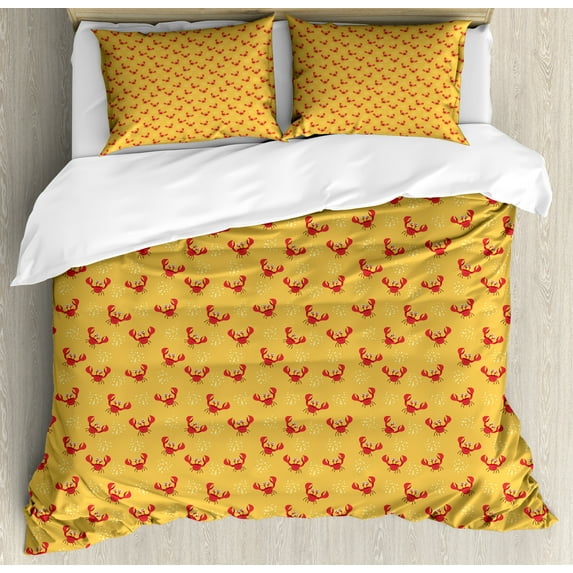 Ambesonne Beach Duvet Cover Sets, Funny Crabs Pattern, 2-Queen, Ruby Apricot and White