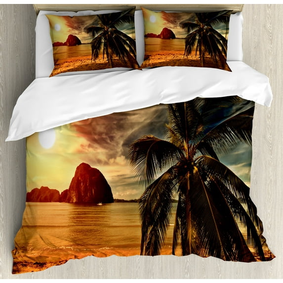 Ambesonne Beach Duvet Cover Sets, Havana Seashore Sunny, 2-King, Dark Green Pale Brown