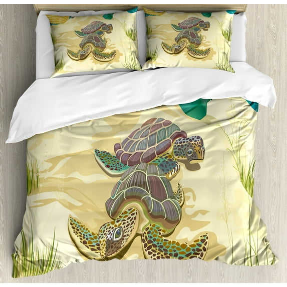 Ambesonne Beach Duvet Cover Sets, Sea Turtles Sand Boat, 2-King, Pale Yellow Green Teal