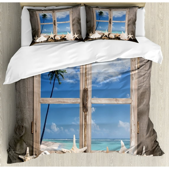 Ambesonne Beach Duvet Cover Sets, Seashells Starfish Palms, 2-Queen, Pale Brown Sky Blue